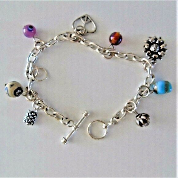 Bangle Bracelet 8 Charms Chain Link Toggle Clasp Silver Tone New In Gift Box - Picture 1 of 3